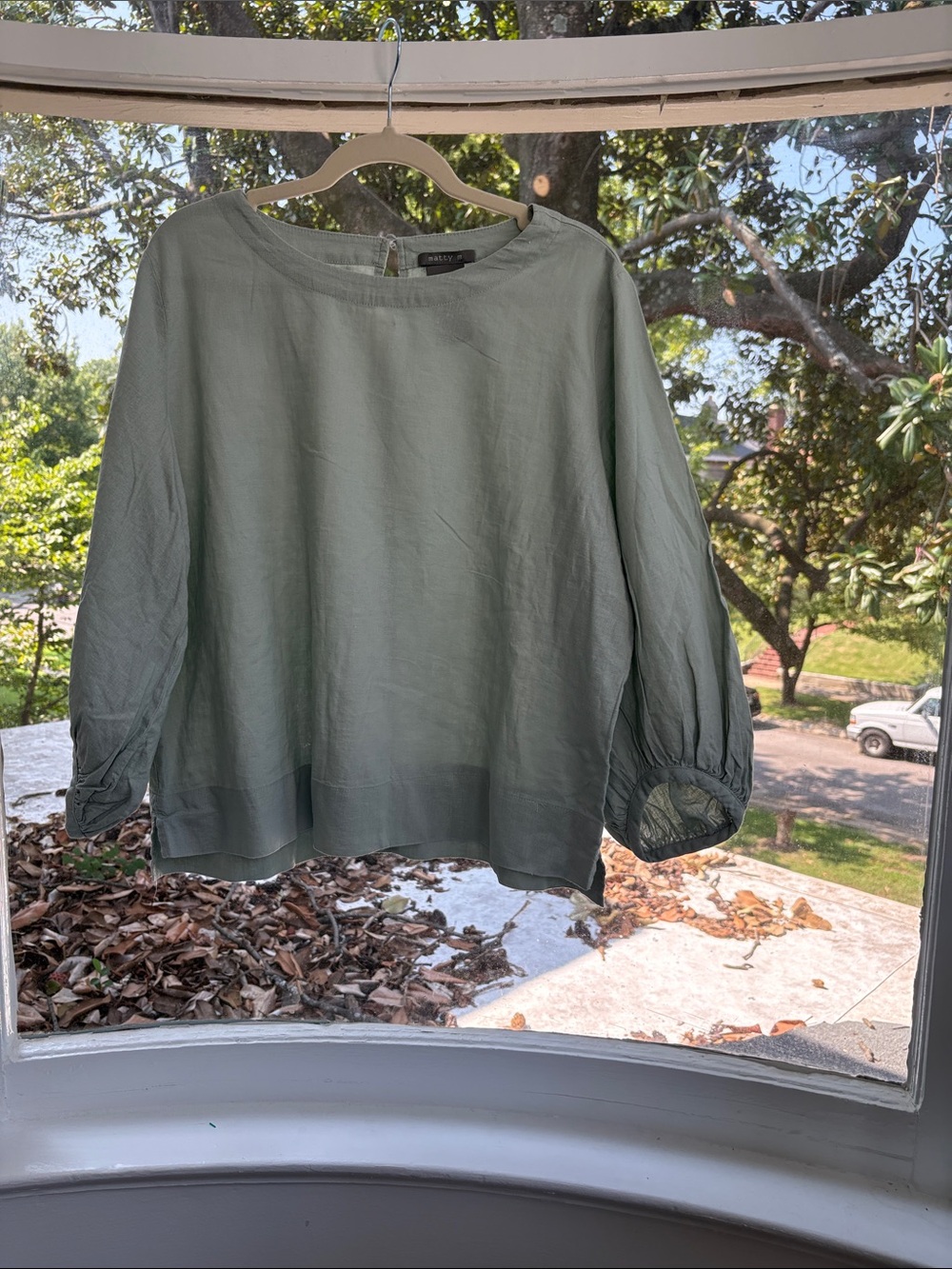 Matty M Sage Green Balloon Sleeve Linen Top-Size Large